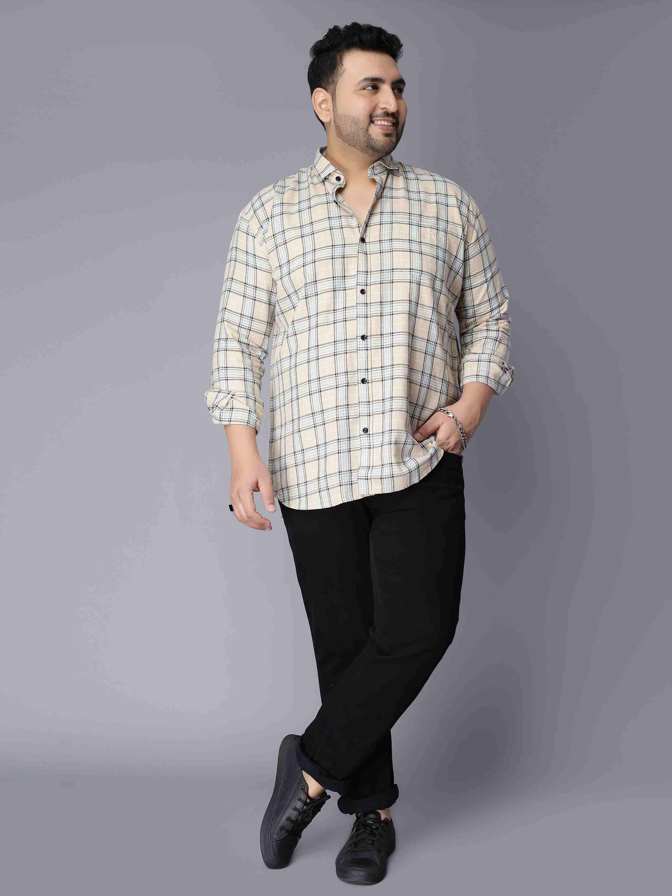 Beige Checkered Plus Size Shirt - Image 4