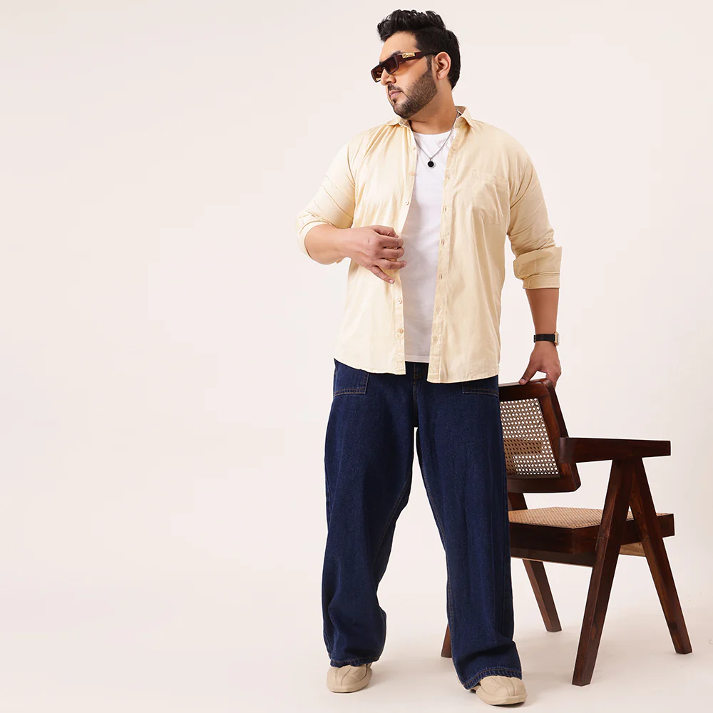 Beige Solid Cotton Plus Size Shirt - Image 2