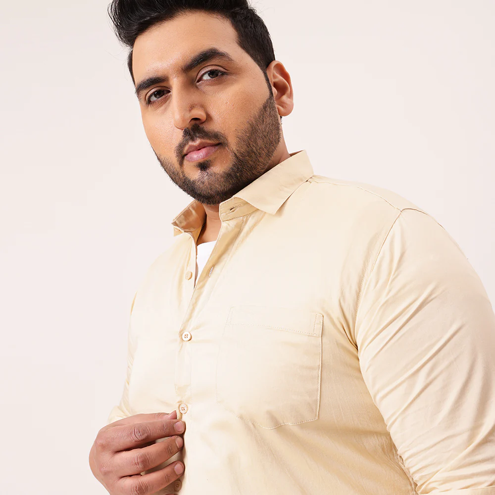 Beige Solid Cotton Plus Size Shirt - Image 3