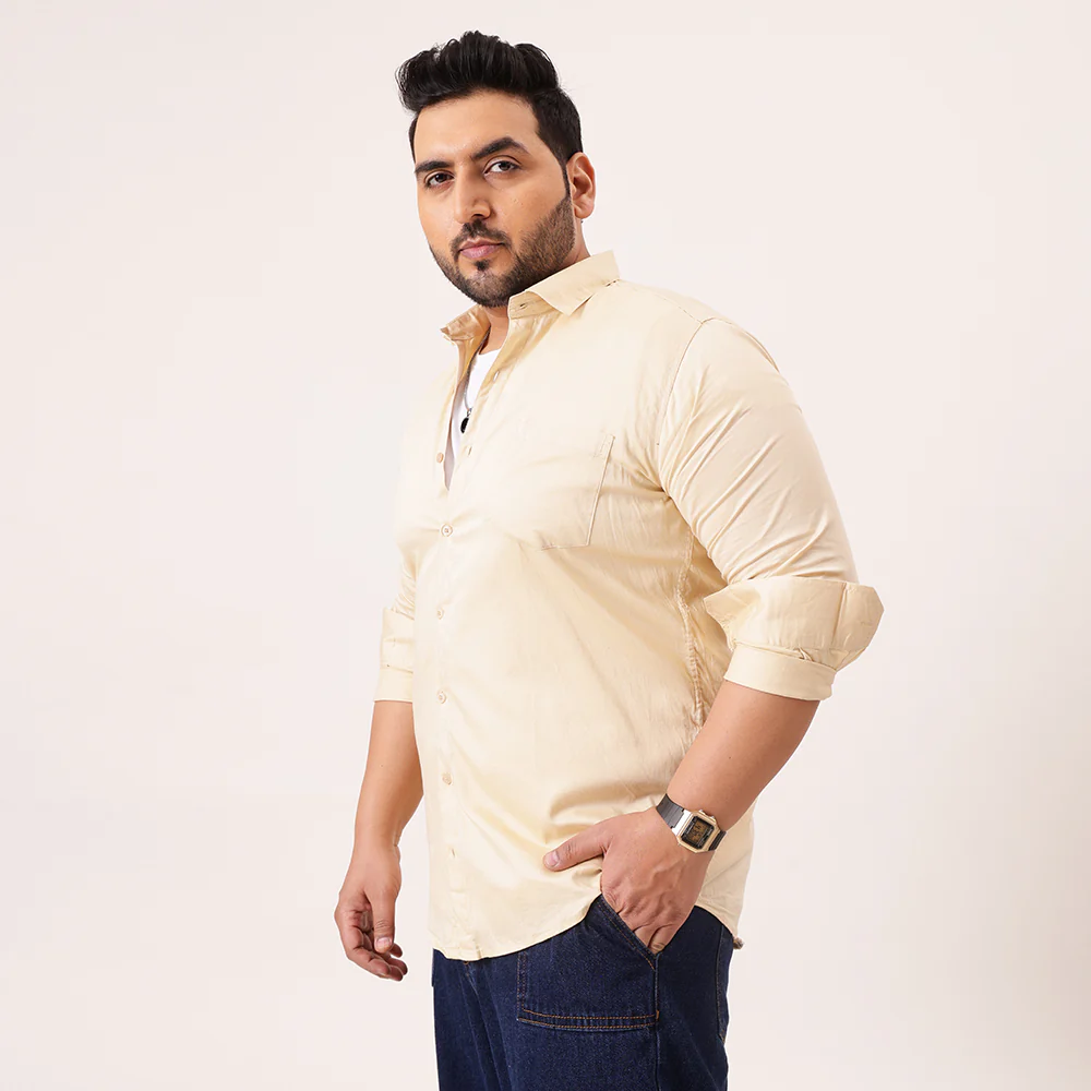 Beige Solid Cotton Plus Size Shirt - Image 5