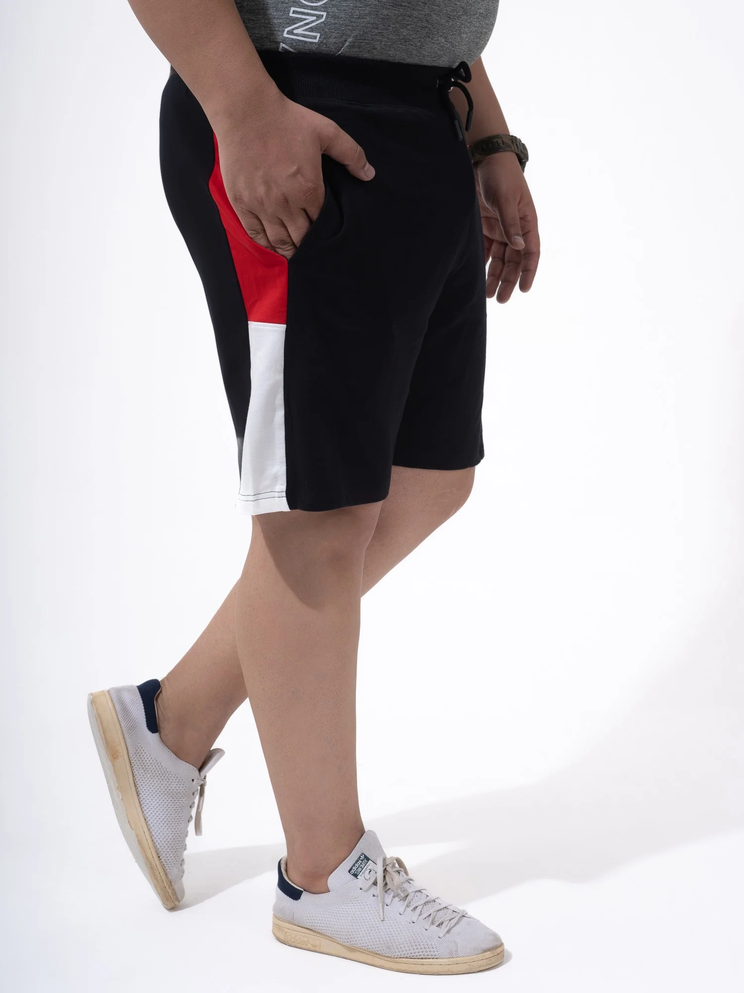 Black Colour Block Cotton Plus Size Shorts - Image 4
