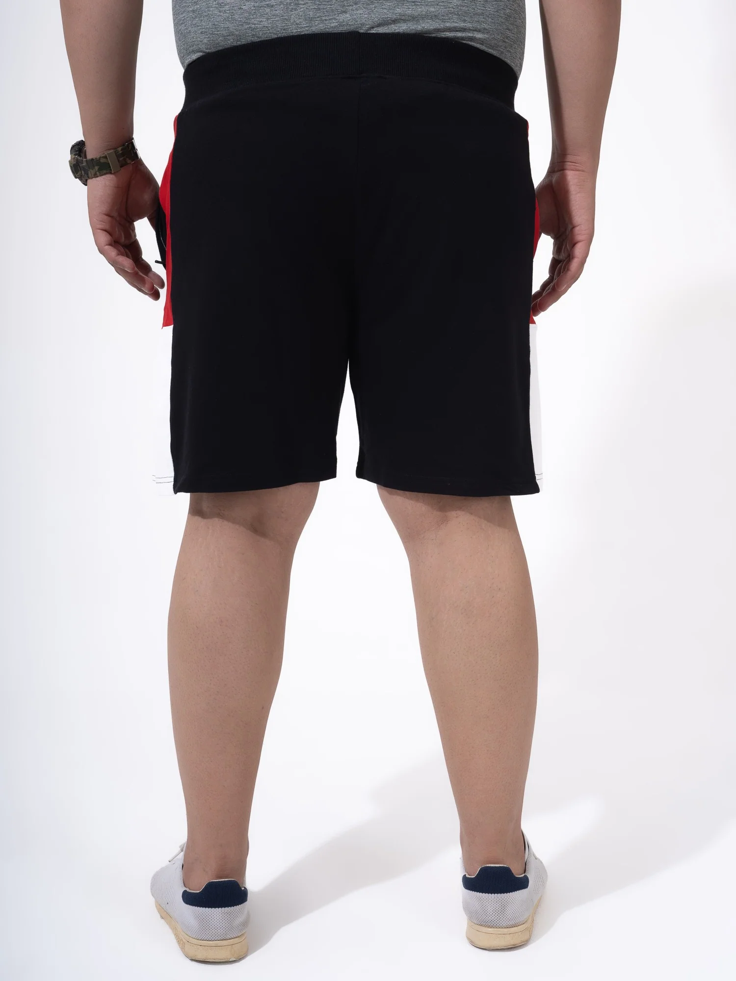 Black Colour Block Cotton Plus Size Shorts - Image 5