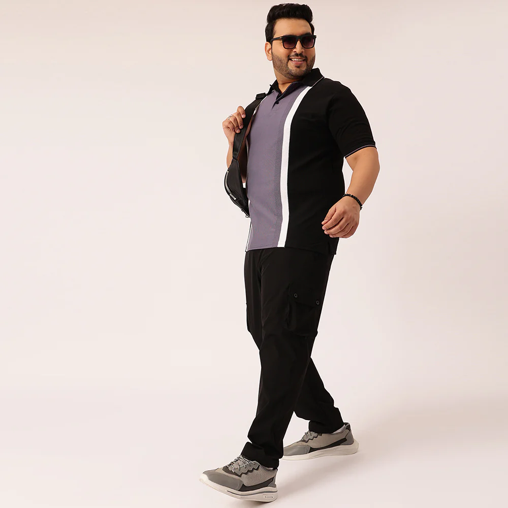 Black Mauve Jacquard Knitted Polo T-shirt - Image 2