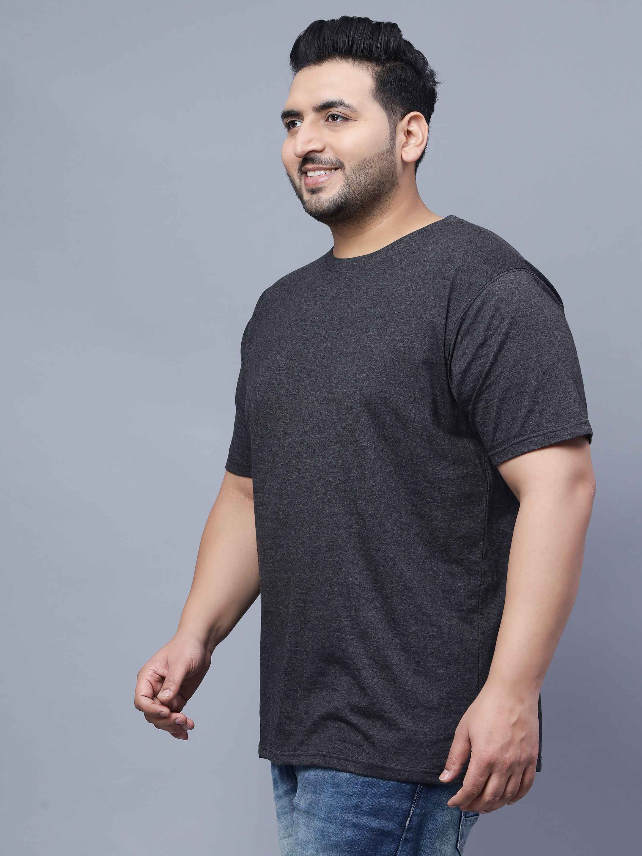 Black Melange  | Solid Round Neck Men's T-Shirt - Image 2