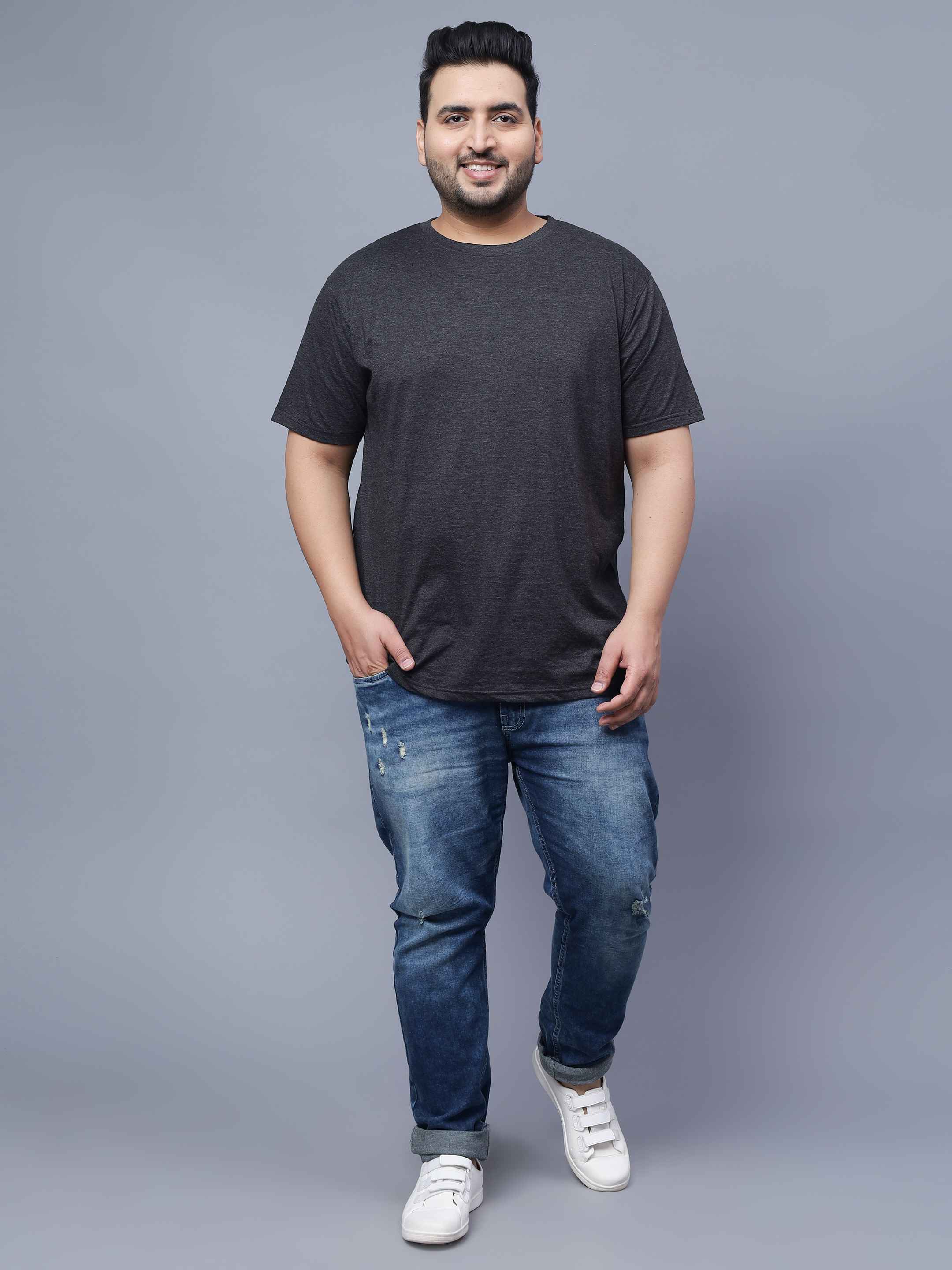 Black Melange  | Solid Round Neck Men's T-Shirt - Image 6