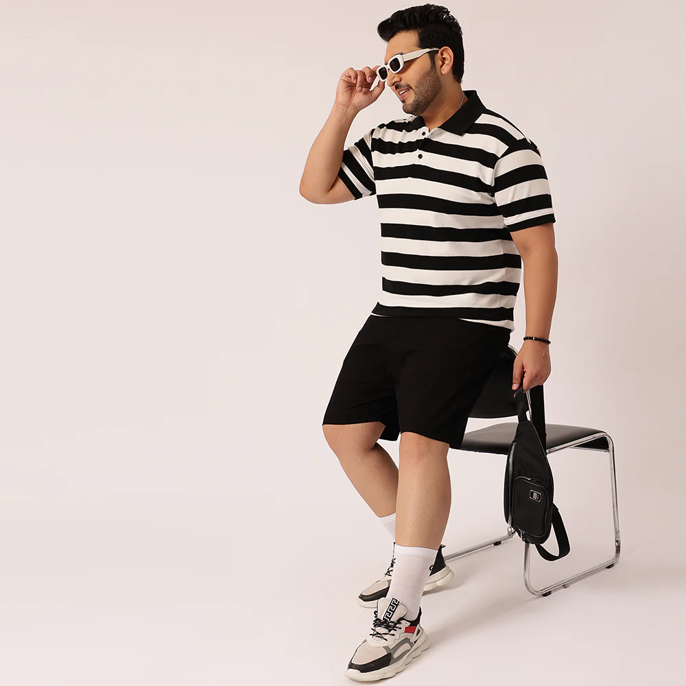 Black White Waffle Knitted Polo T-shirt - Image 2