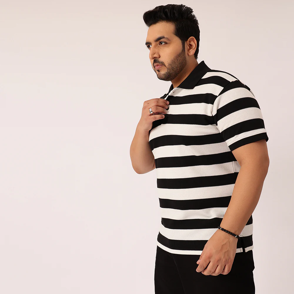 Black White Waffle Knitted Polo T-shirt - Image 3