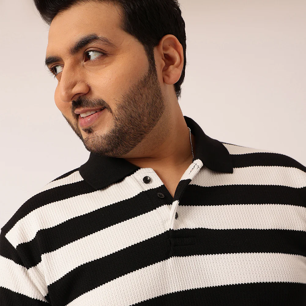Black White Waffle Knitted Polo T-shirt - Image 4