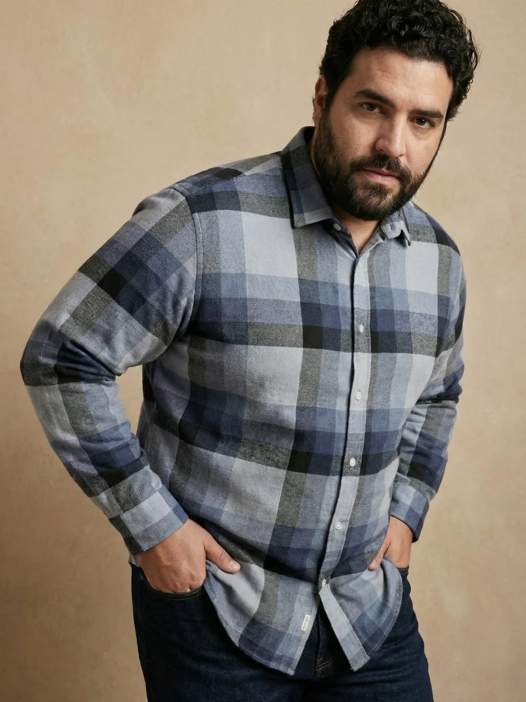 Blue Check Print Full Sleeve Plus Size Shirt - Image 2