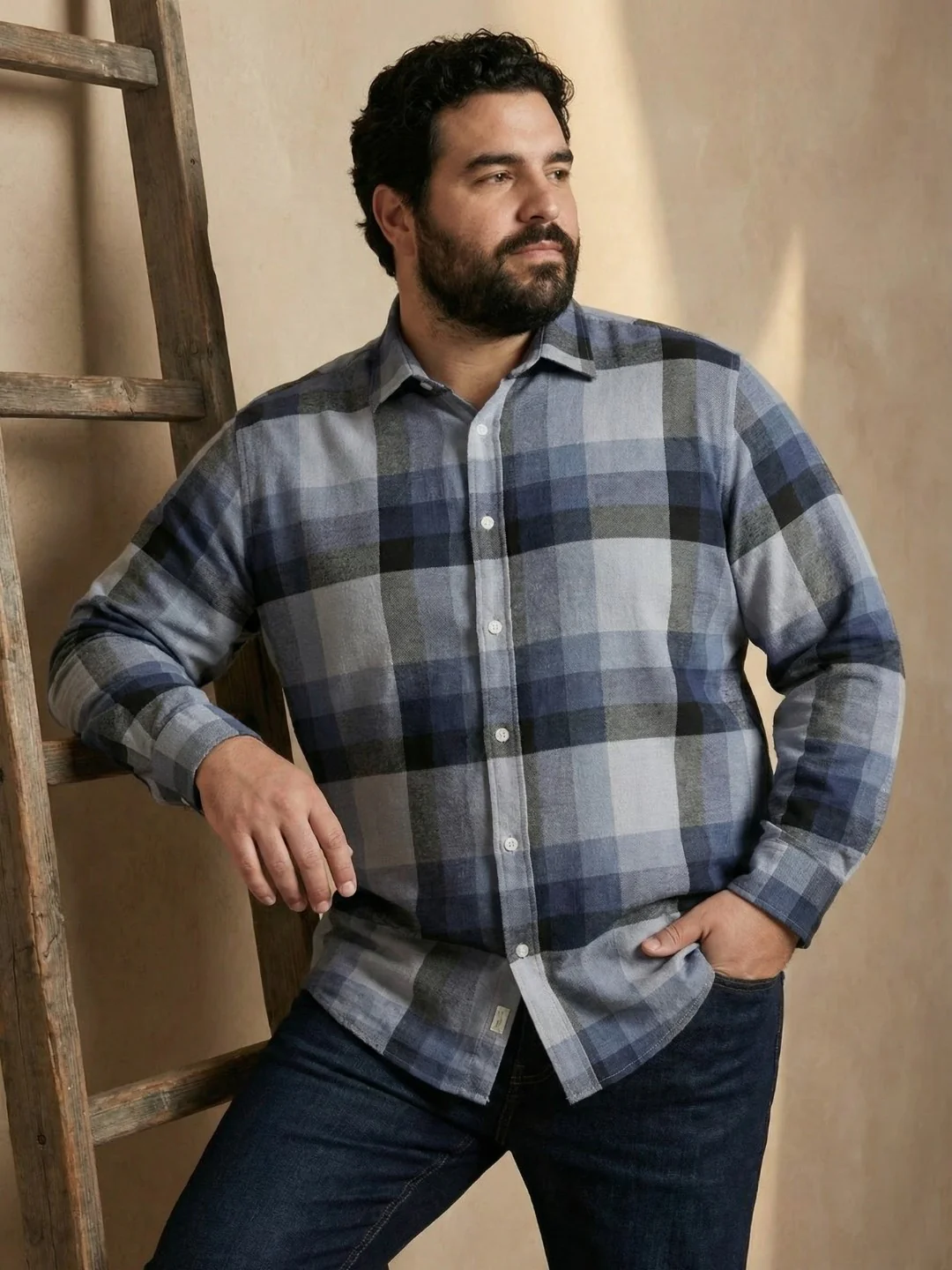 Blue Check Print Full Sleeve Plus Size Shirt - Image 4