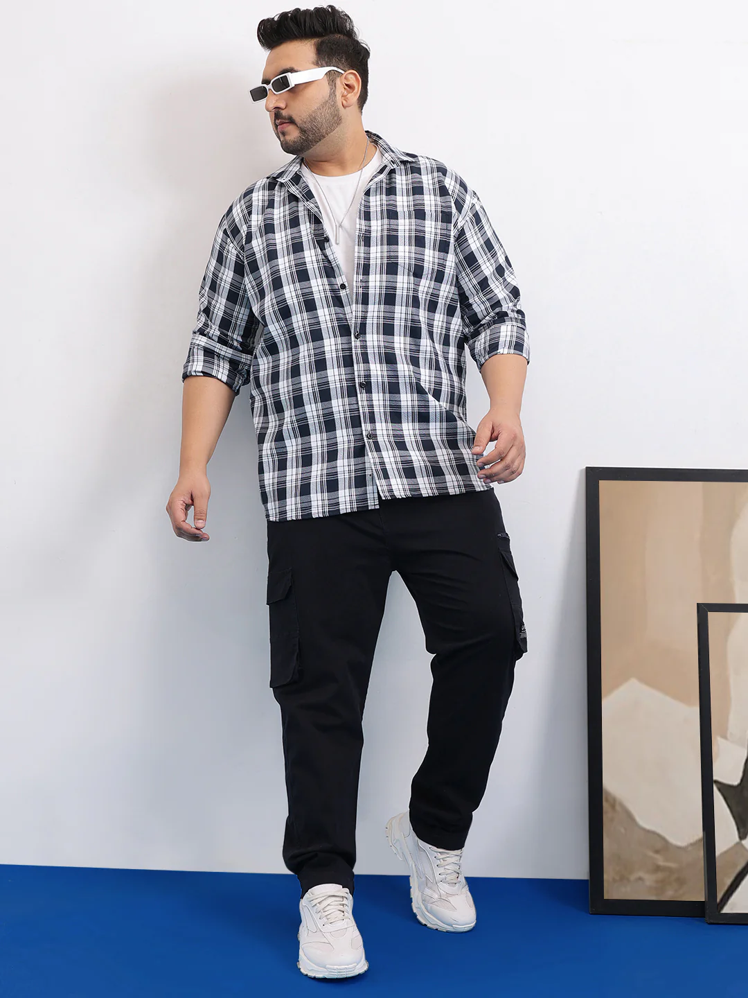 Blue White Plus Size Check Shirt - Image 4