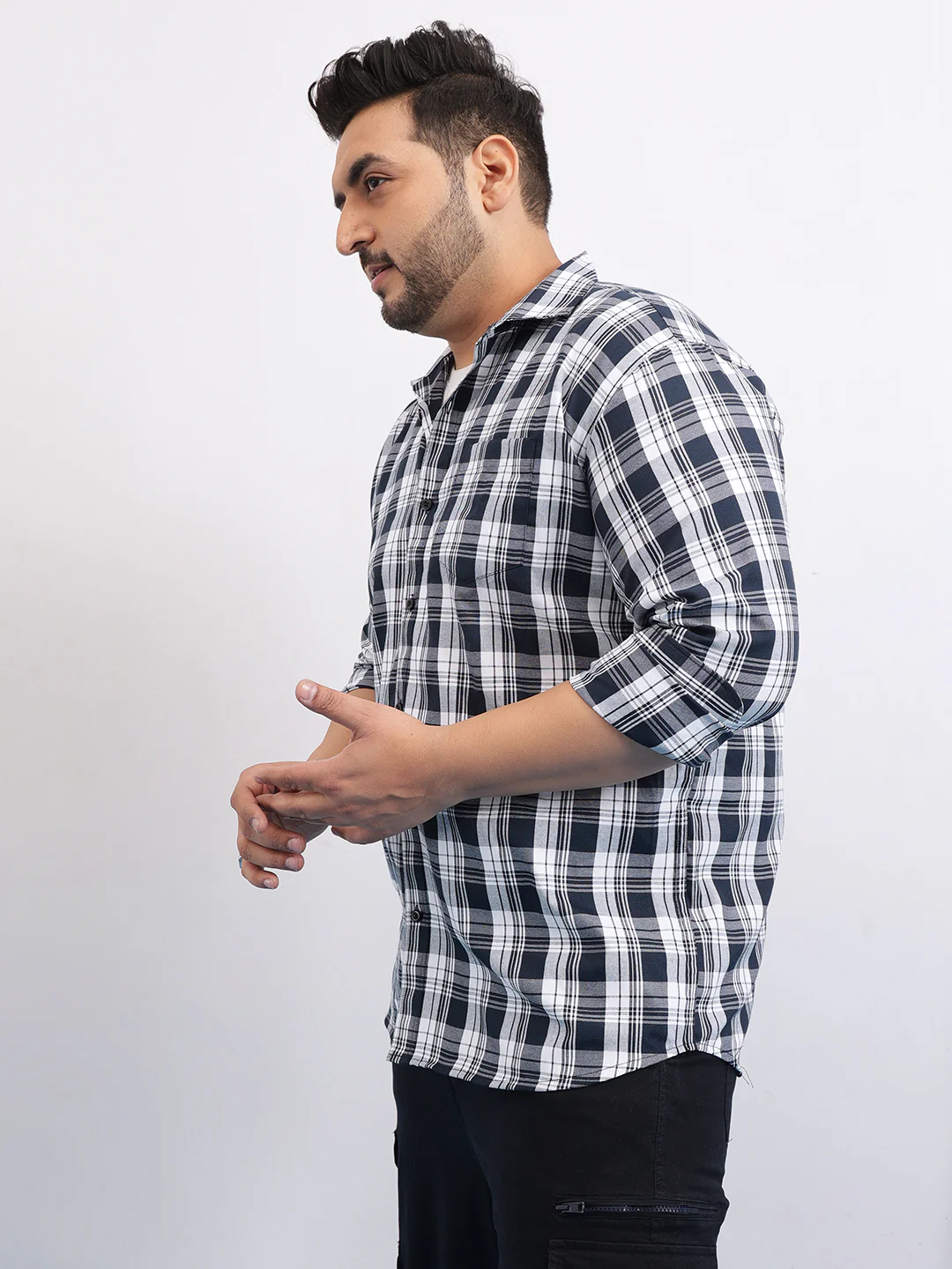 Blue White Plus Size Check Shirt - Image 5