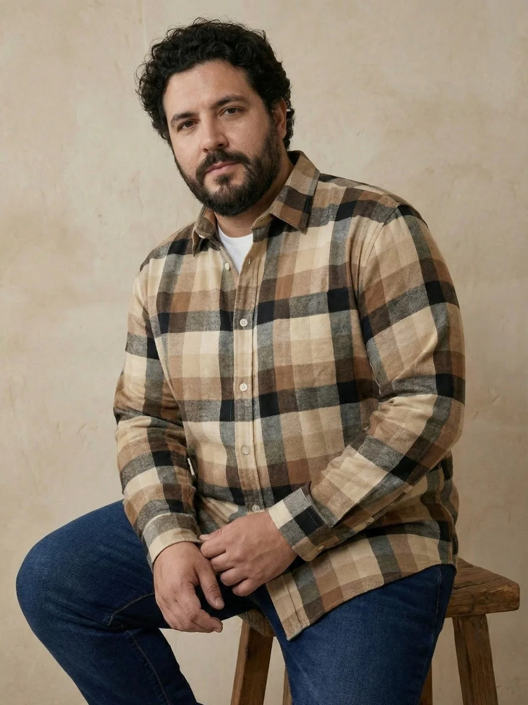 Brown Check Print Full Sleeve Plus Size Shirt - Image 2