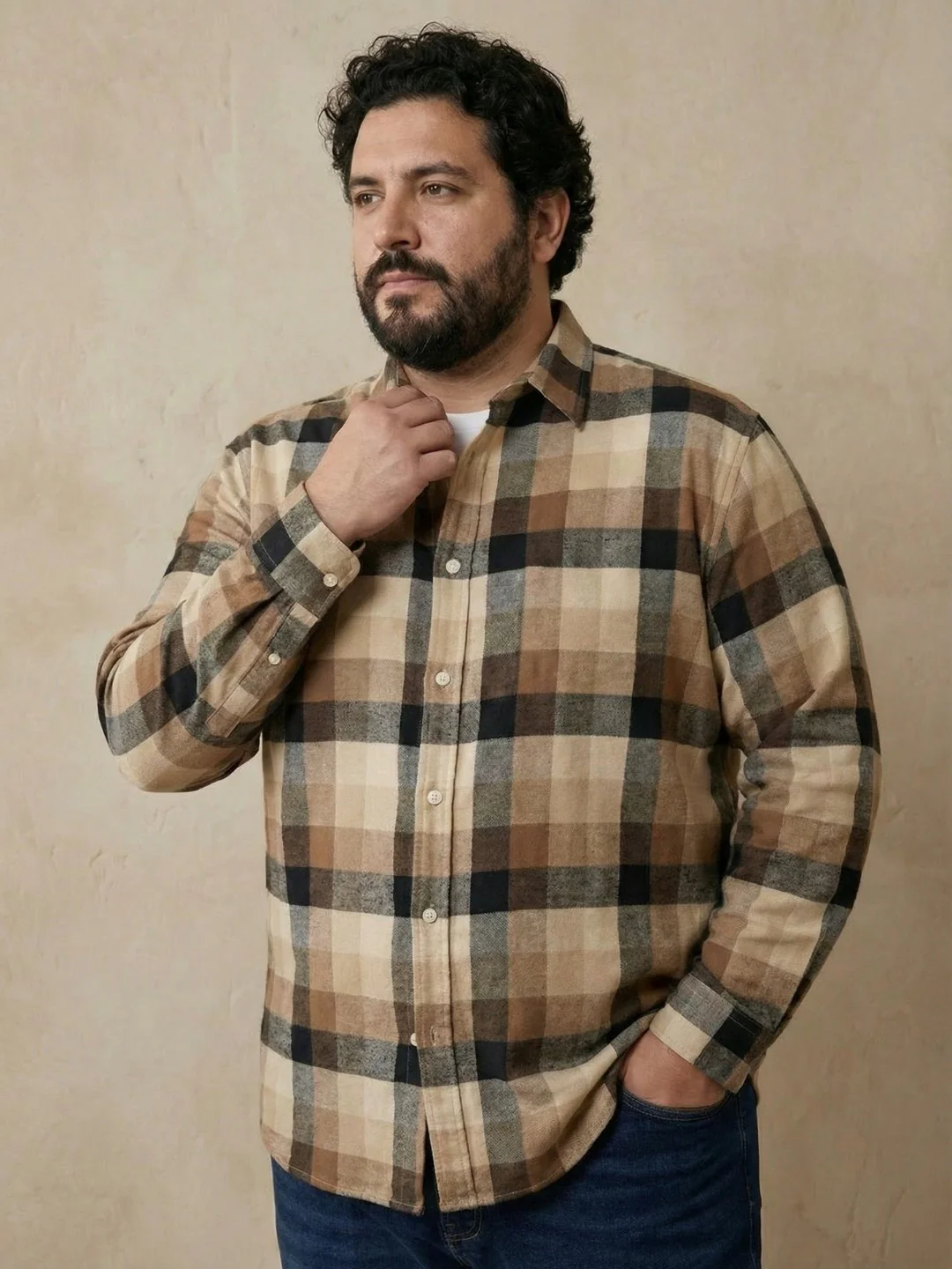 Brown Check Print Full Sleeve Plus Size Shirt - Image 4