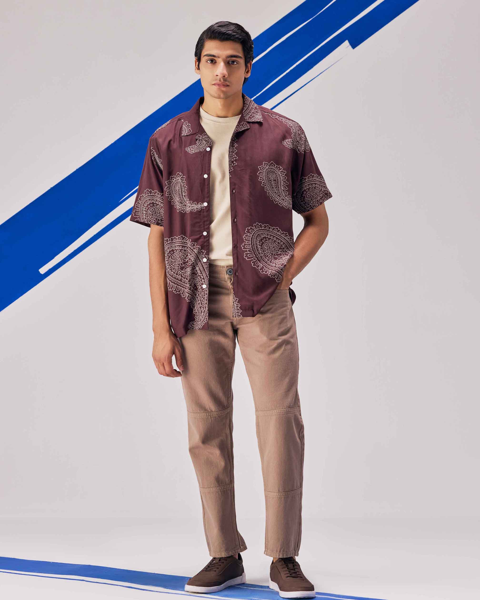 Brown printed cuban collar plus size shirt - Image 3