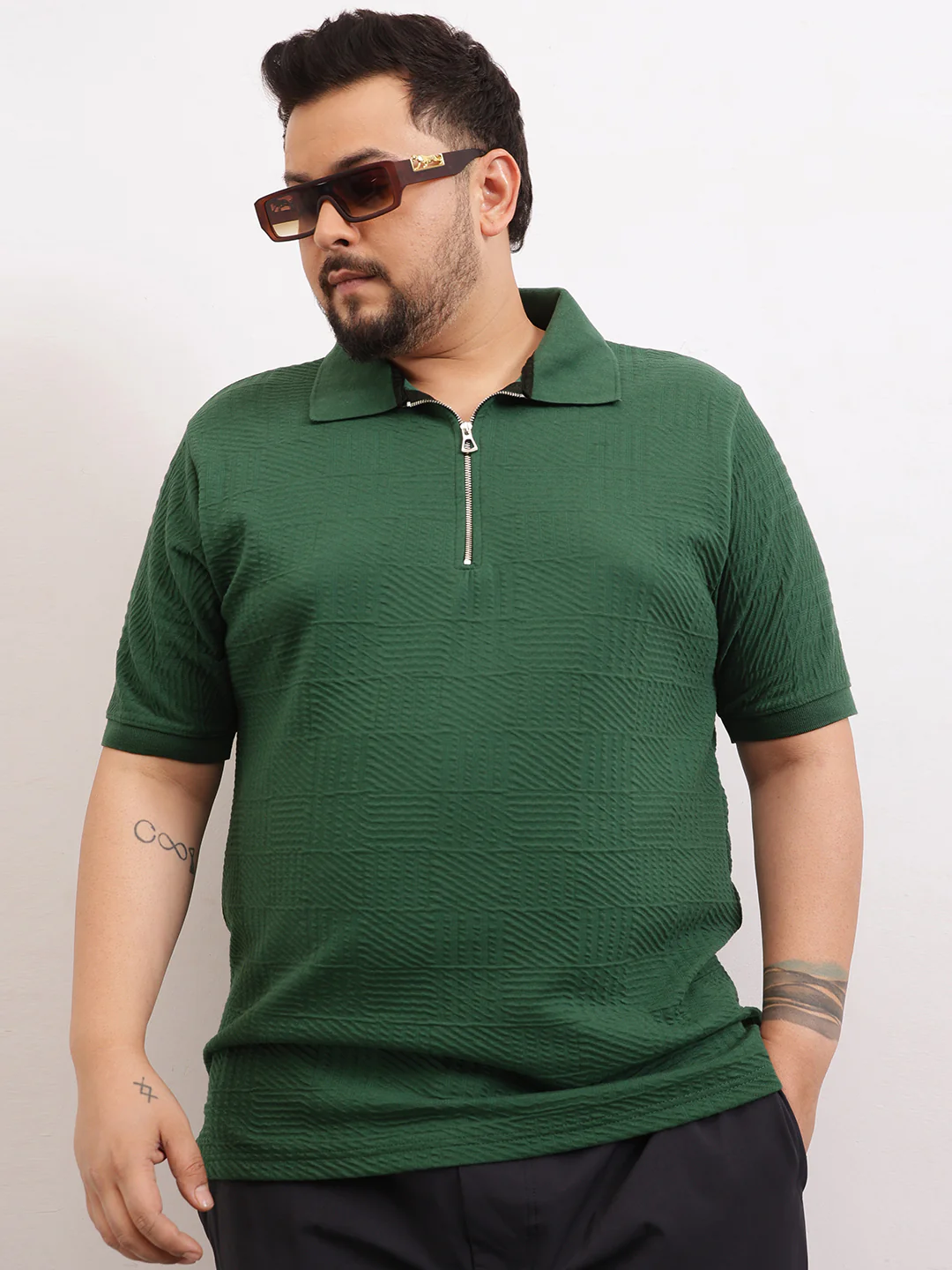 Check Box Knit Textured Zipper Plus Size Polo - Image 7