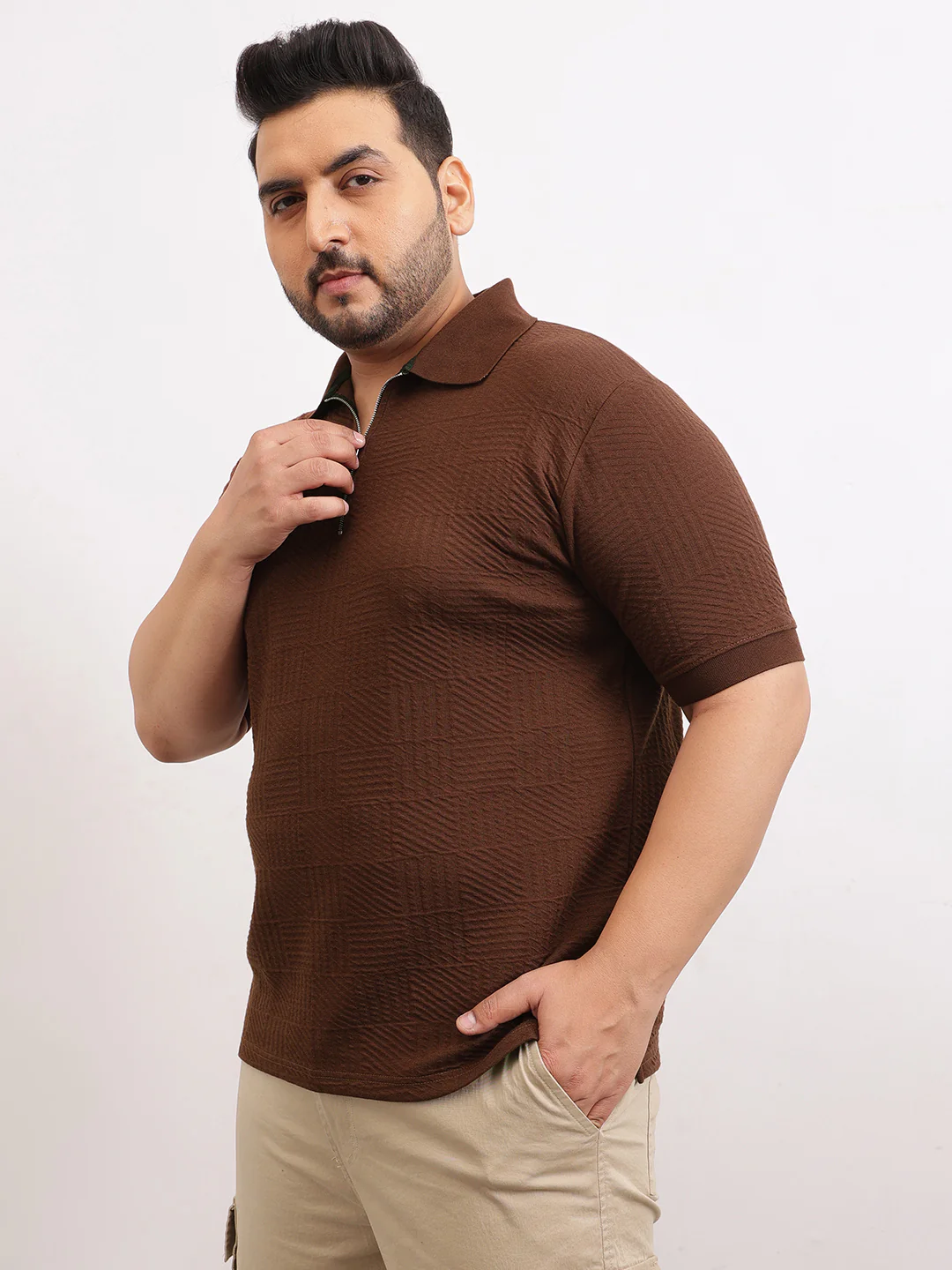 Check Box Knit Textured Zipper Plus Size Polo - Image 4