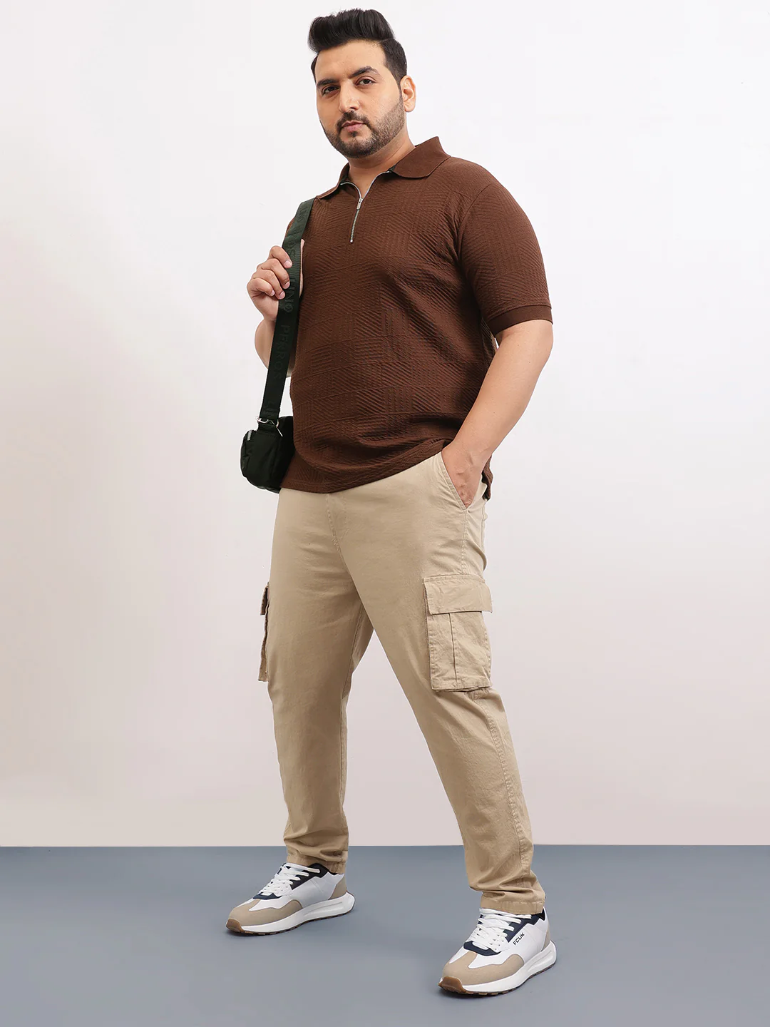 Check Box Knit Textured Zipper Plus Size Polo - Image 5
