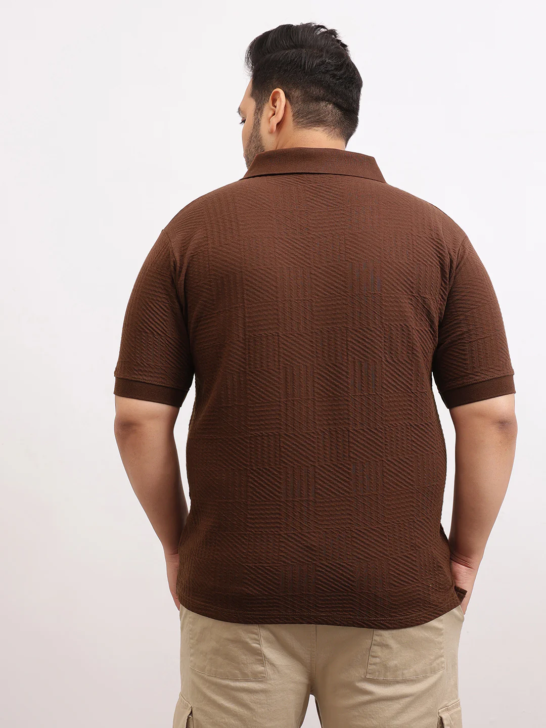 Check Box Knit Textured Zipper Plus Size Polo - Image 6