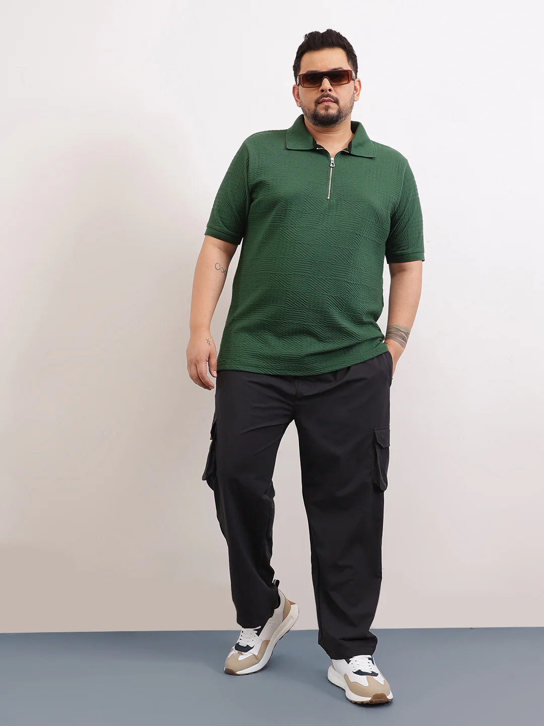 Check Box Knit Textured Zipper Plus Size Polo - Image 8