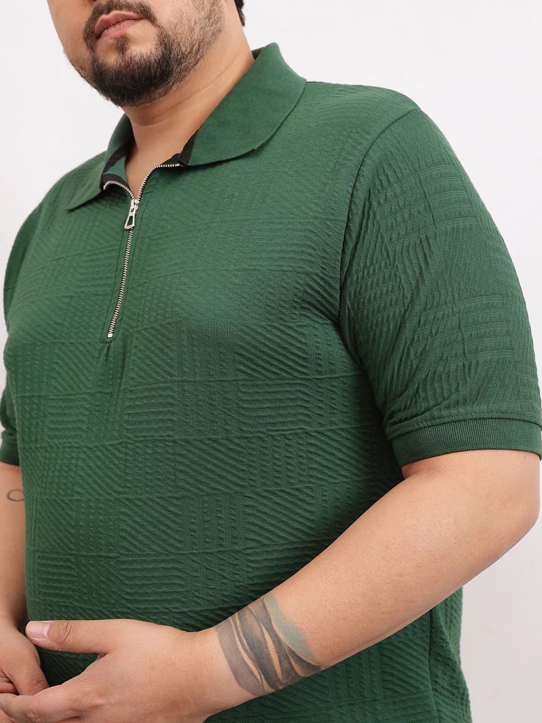 Check Box Knit Textured Zipper Plus Size Polo - Image 9