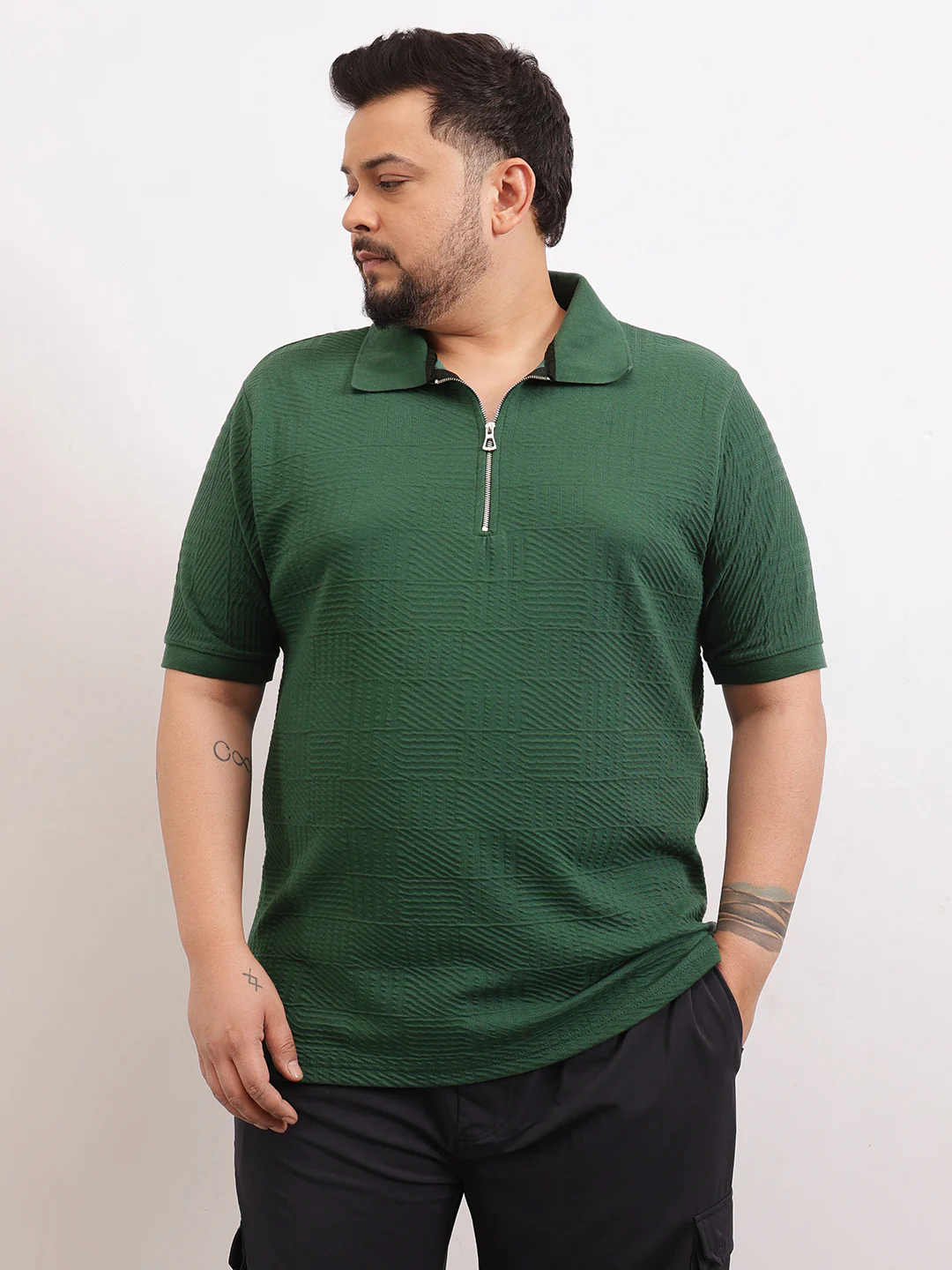 Check Box Knit Textured Zipper Plus Size Polo - Image 10