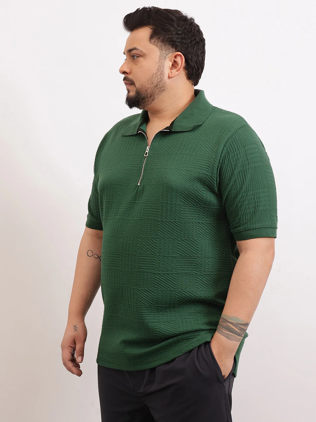 Check Box Knit Textured Zipper Plus Size Polo - Image 12