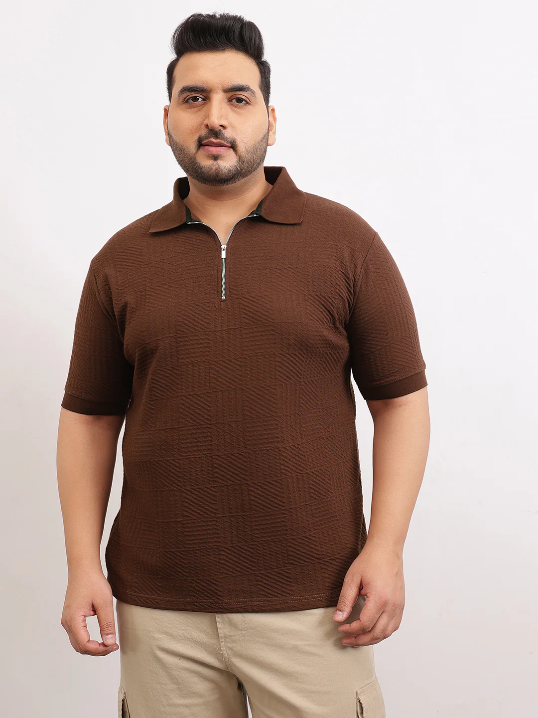 Check Box Knit Textured Zipper Plus Size Polo - Image 2