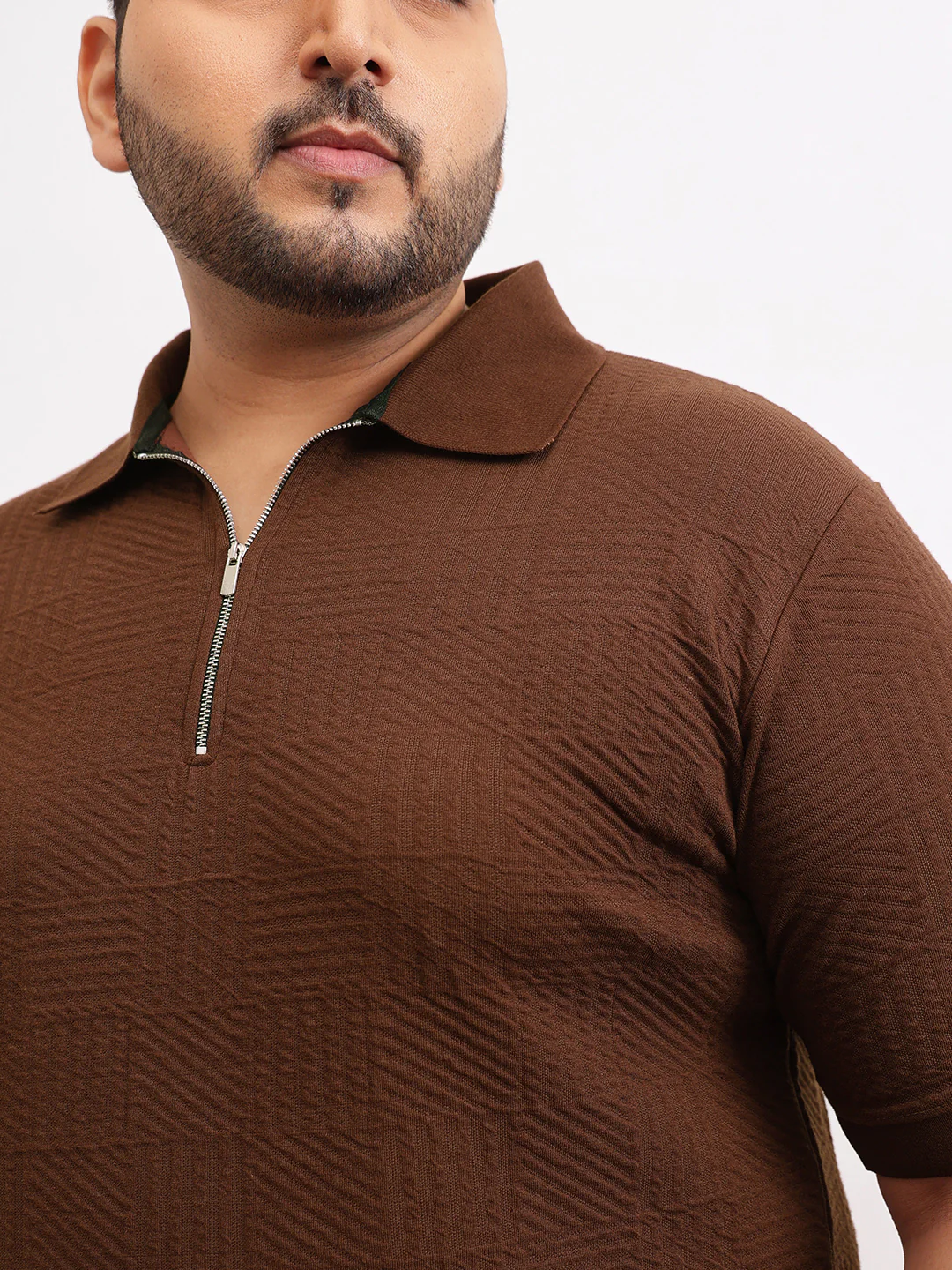 Check Box Knit Textured Zipper Plus Size Polo - Image 3