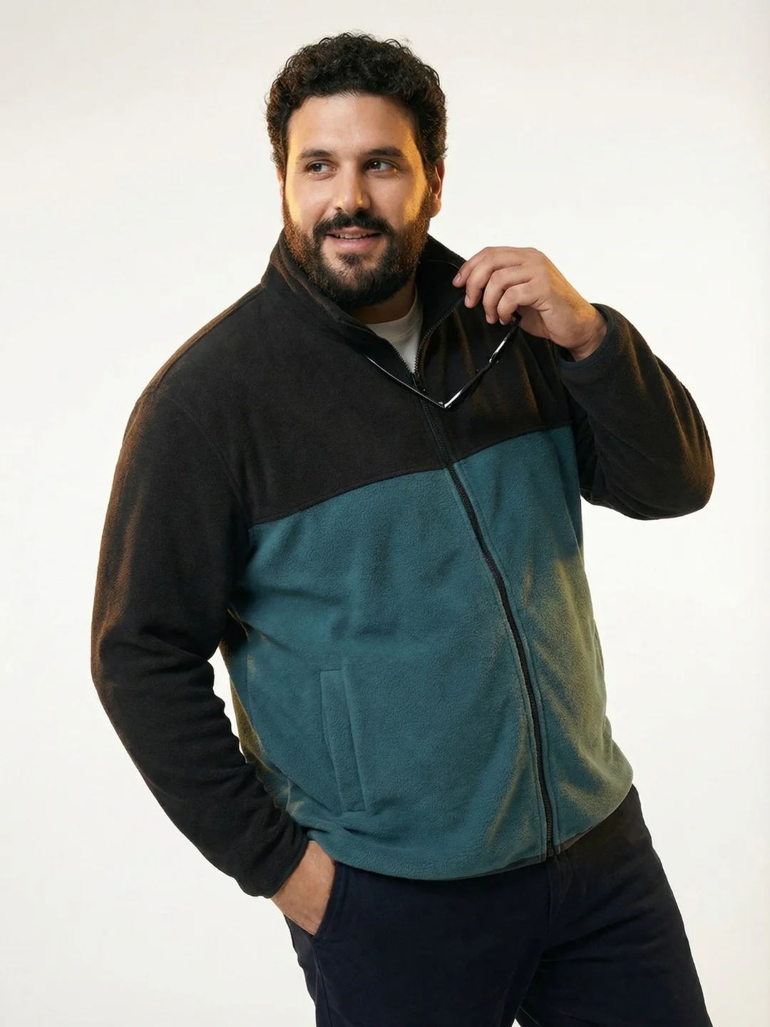 Colourblock Fleece Heavy Weight Plus Size Zipper Jacket - Image 2