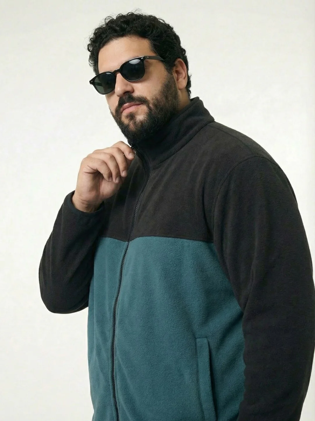 Colourblock Fleece Heavy Weight Plus Size Zipper Jacket - Image 4