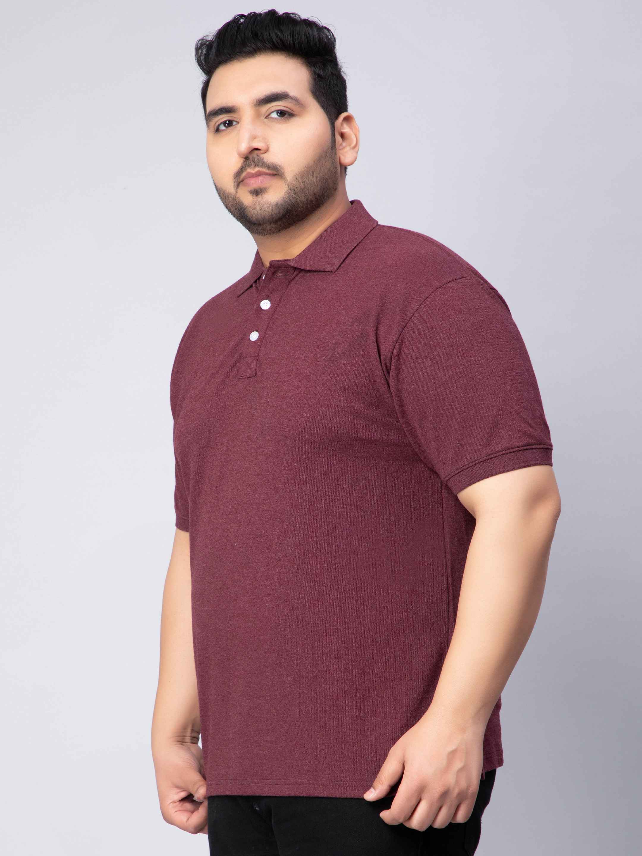 Maroon Melange Solid Unisex Plus Size Polo T-shirt - Image 3