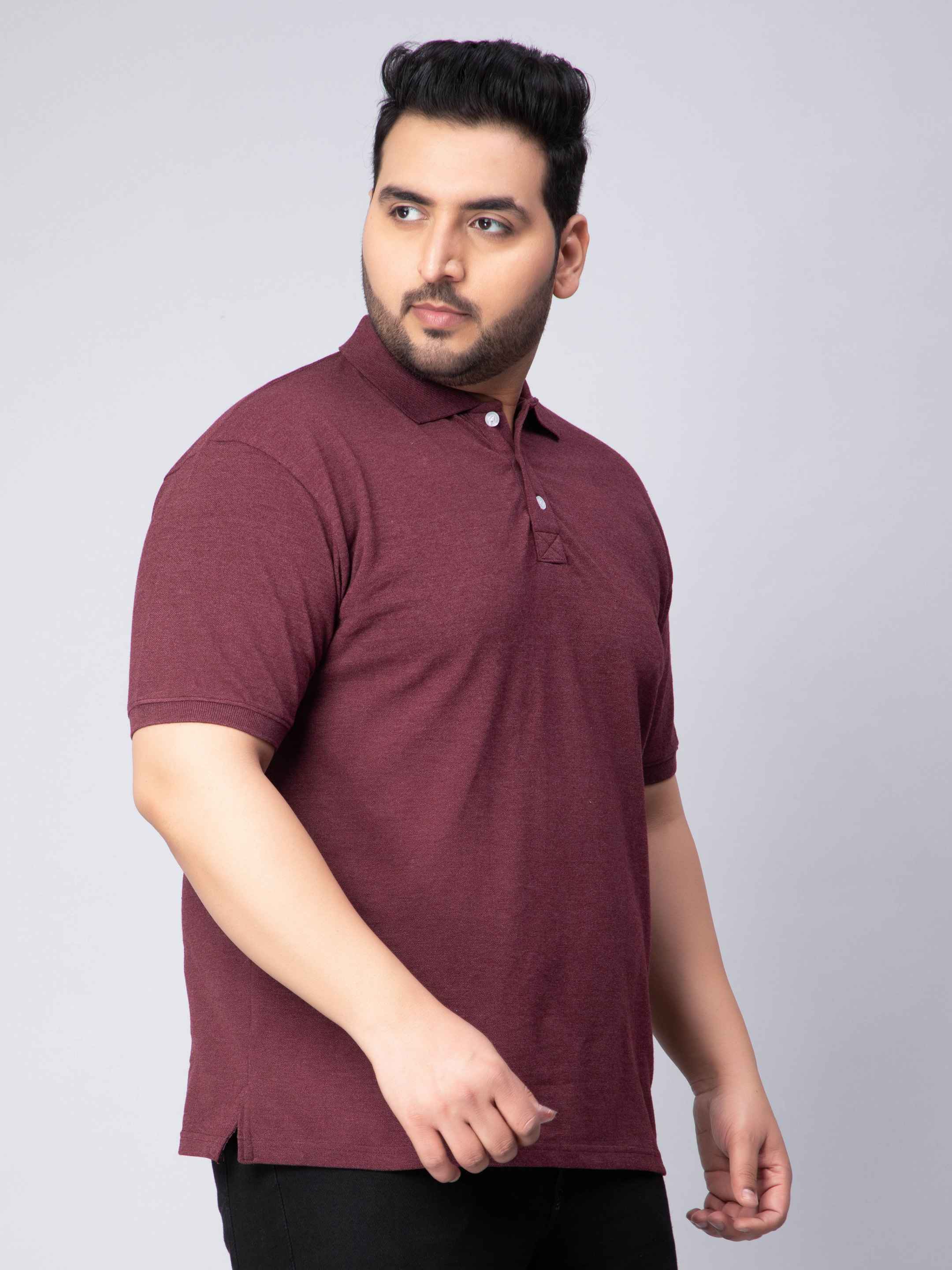 Maroon Melange Solid Unisex Plus Size Polo T-shirt - Image 4