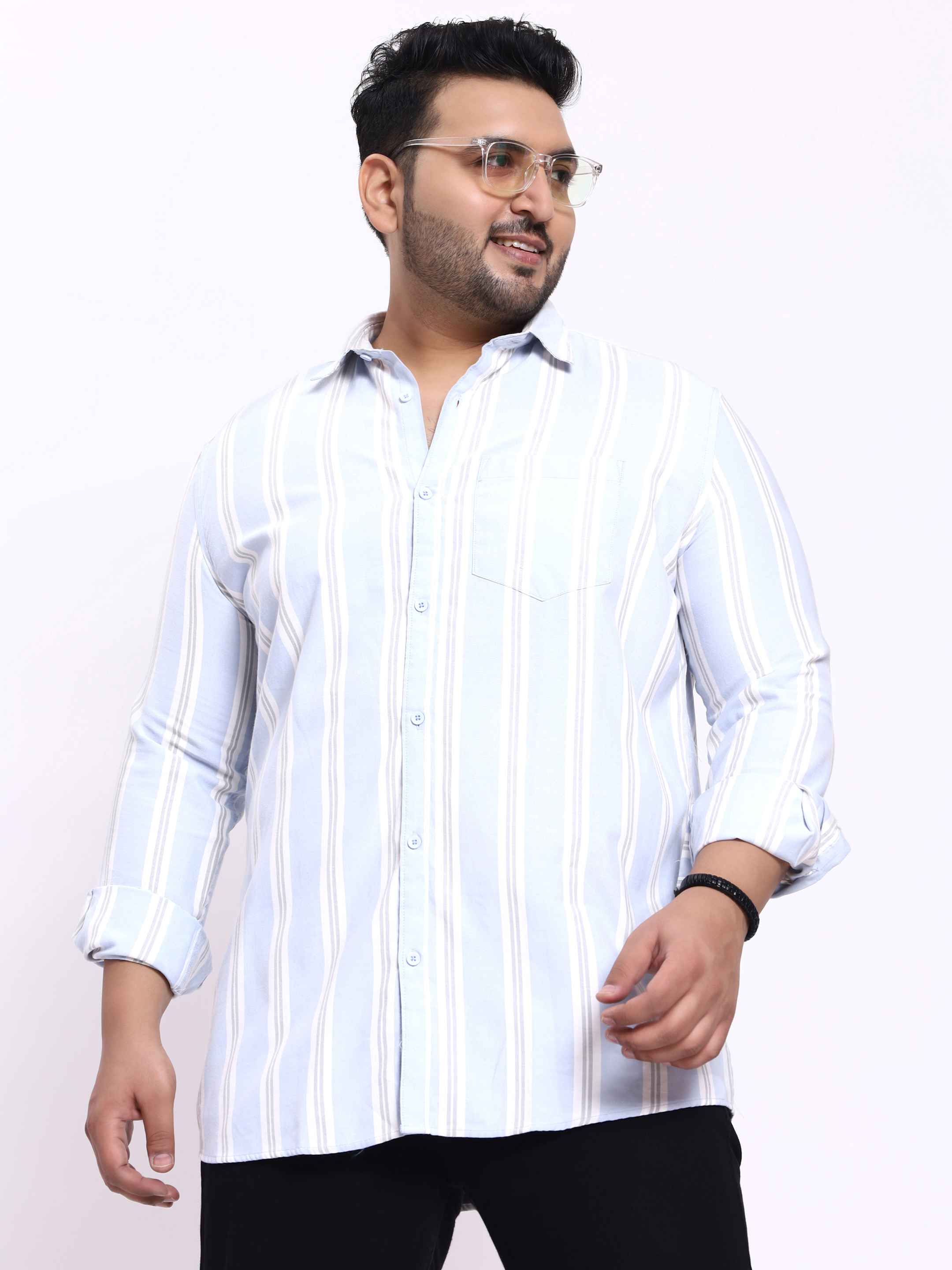 Cyan White Striped Plus Size Shirt - Image 7