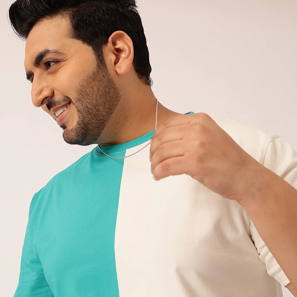 Dark Turquoise Off White Color Block T-shirt - Image 4