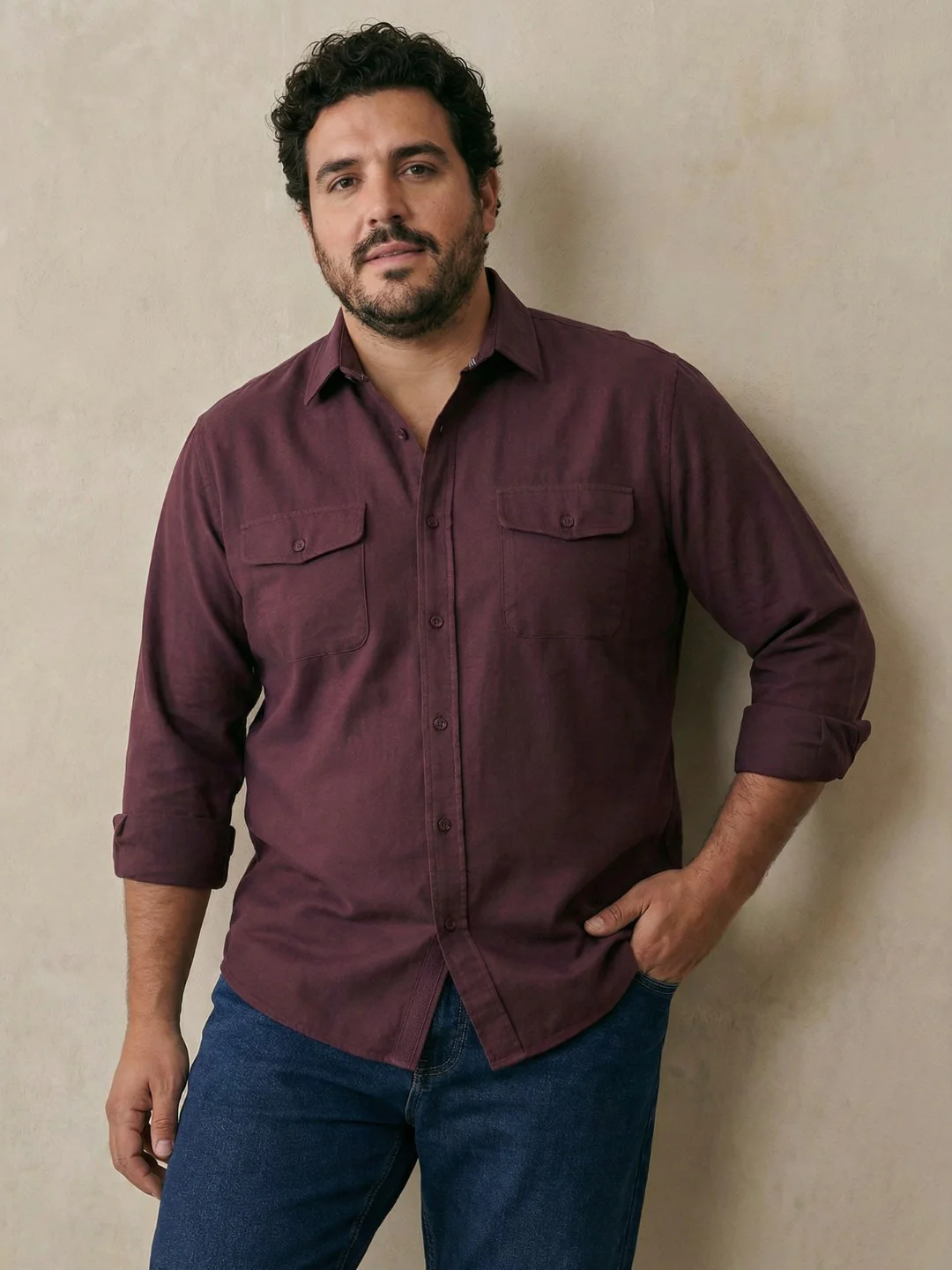 Double Pocket Poplin Solid Plus Size Shirt - Image 2