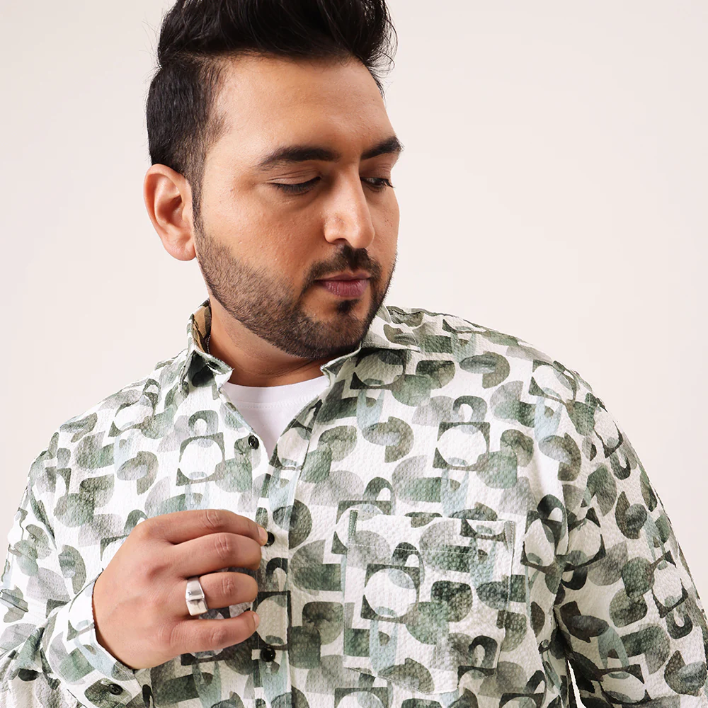 Green Abstract Geometric Digital Print Textured Shirt - Image 3