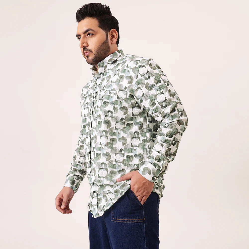 Green Abstract Geometric Digital Print Textured Shirt - Image 4