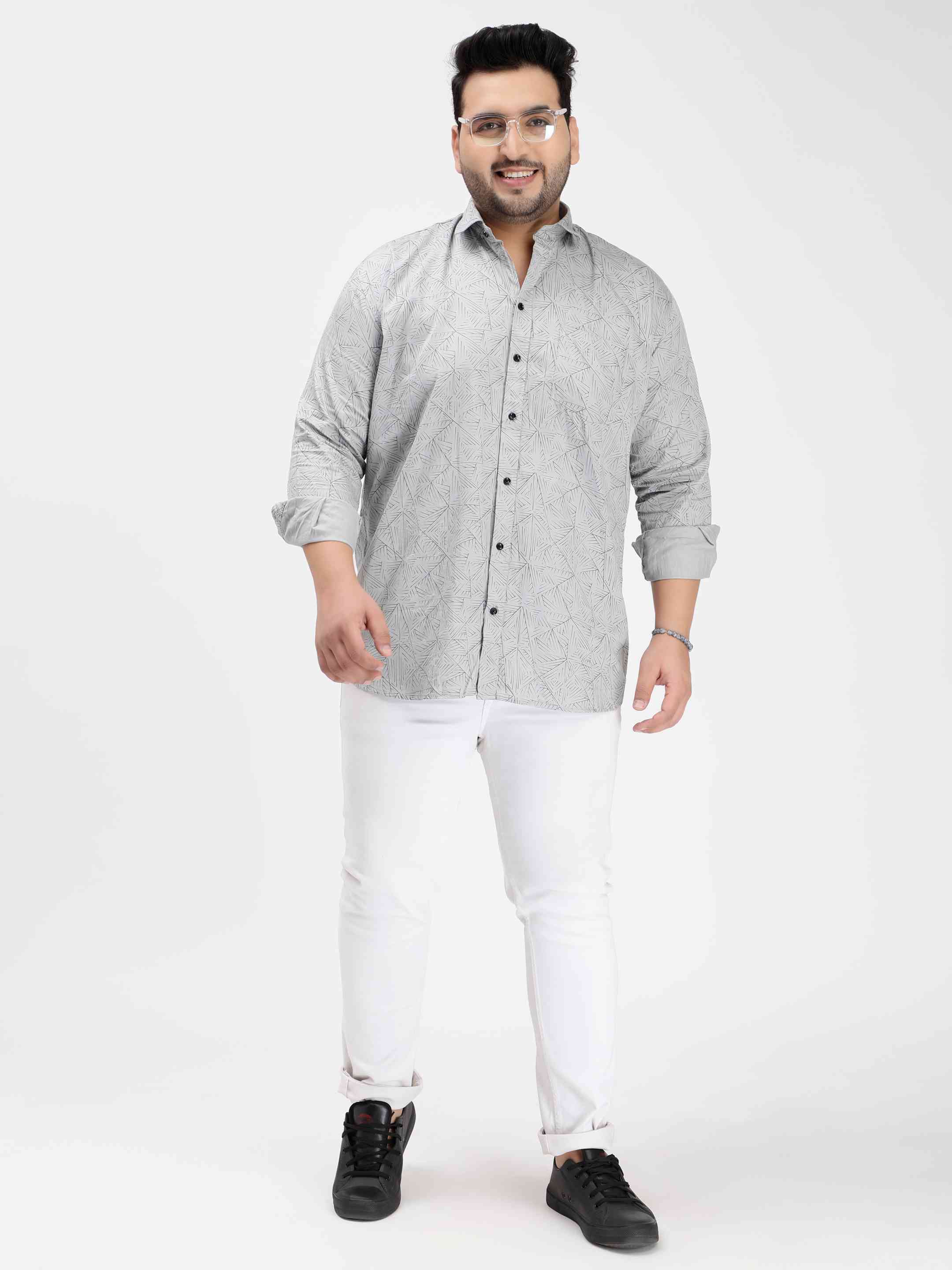 Grey Geometric Print Cotton Shirt - Image 3
