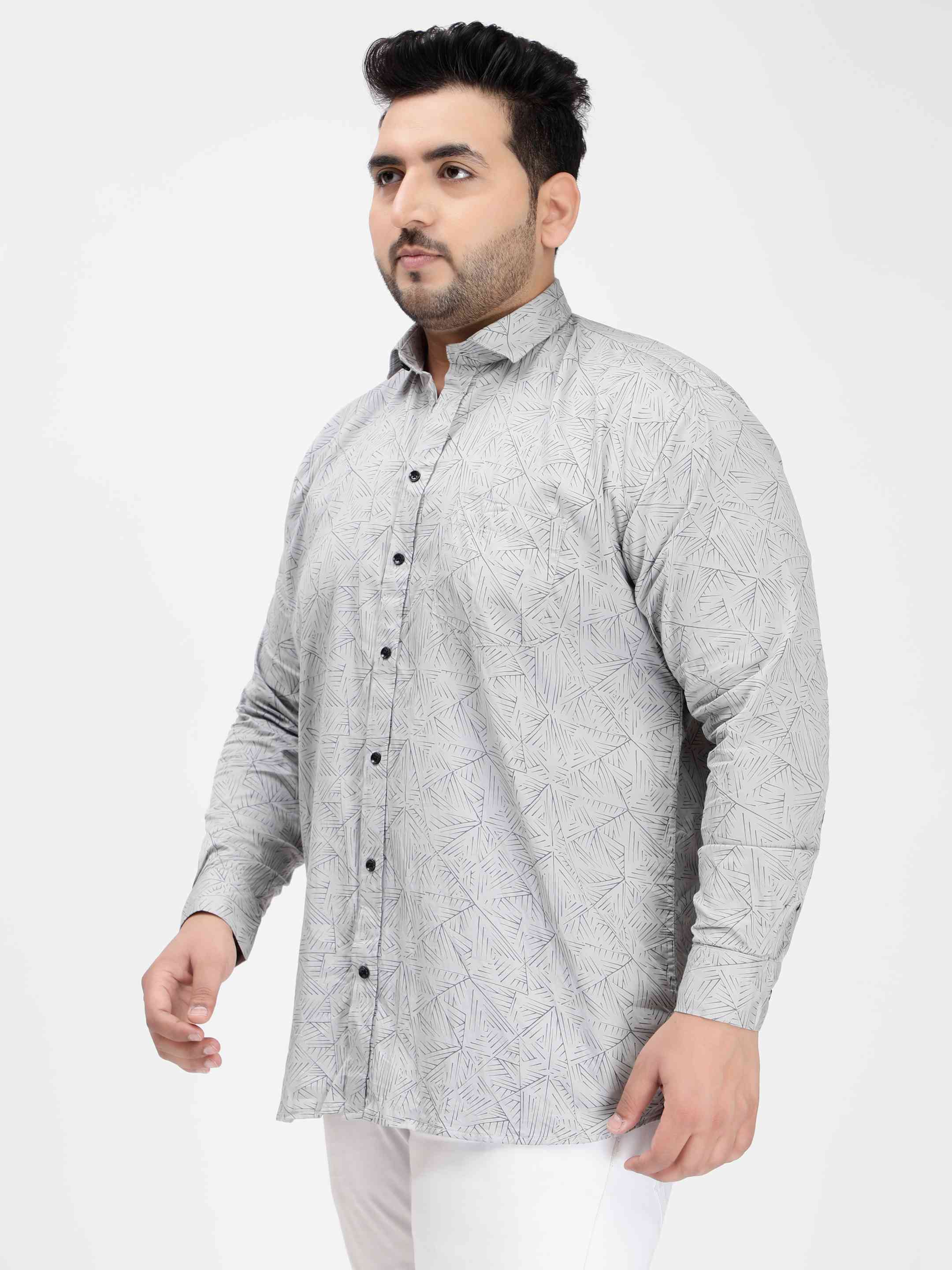 Grey Geometric Print Cotton Shirt - Image 4