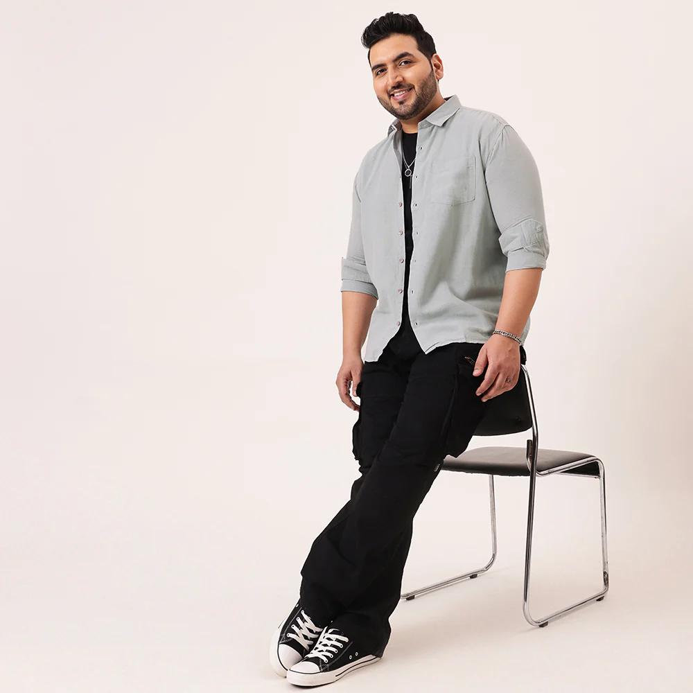 Grey Solid Cotton Plus Size Shirt - Image 2