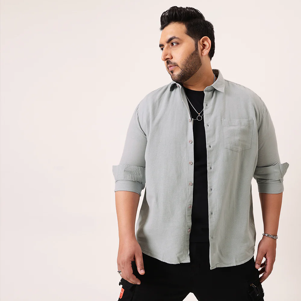 Grey Solid Cotton Plus Size Shirt - Image 3