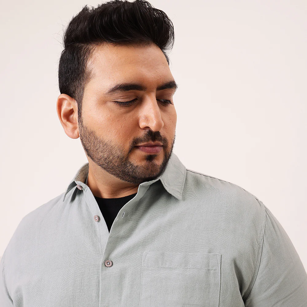 Grey Solid Cotton Plus Size Shirt - Image 4