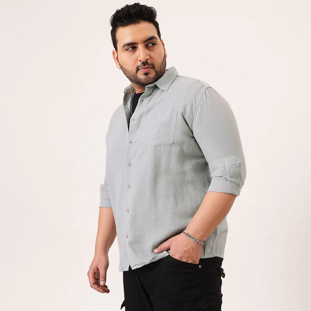 Grey Solid Cotton Plus Size Shirt - Image 6