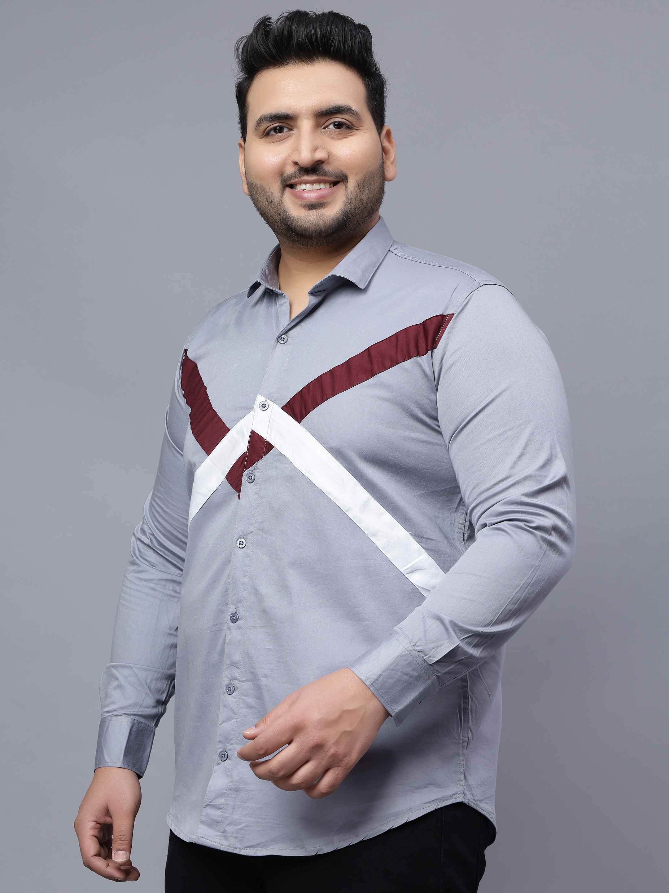 Grey White Maroon Cut n Sew Plus Size Shirt - Image 2