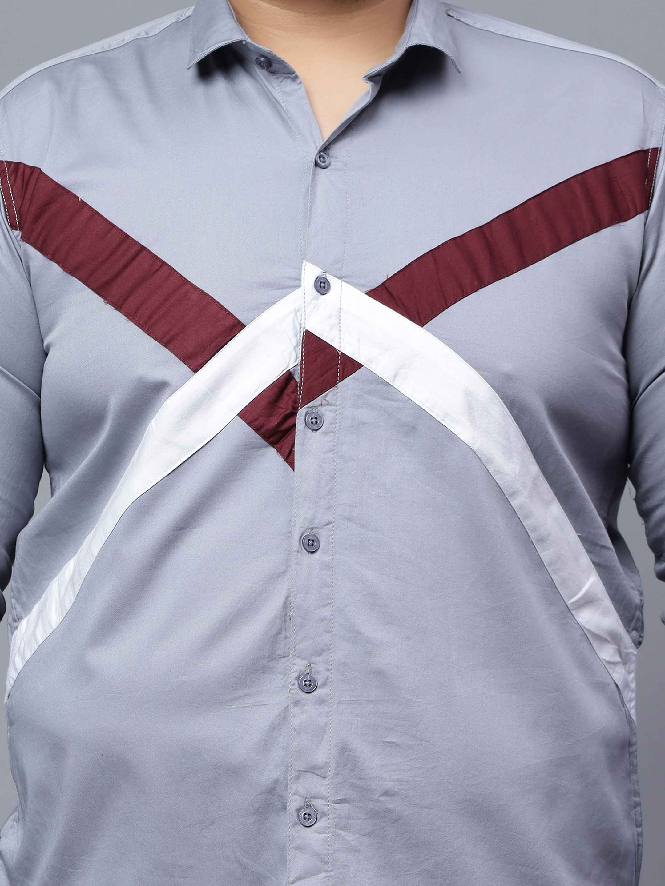 Grey White Maroon Cut n Sew Plus Size Shirt - Image 3