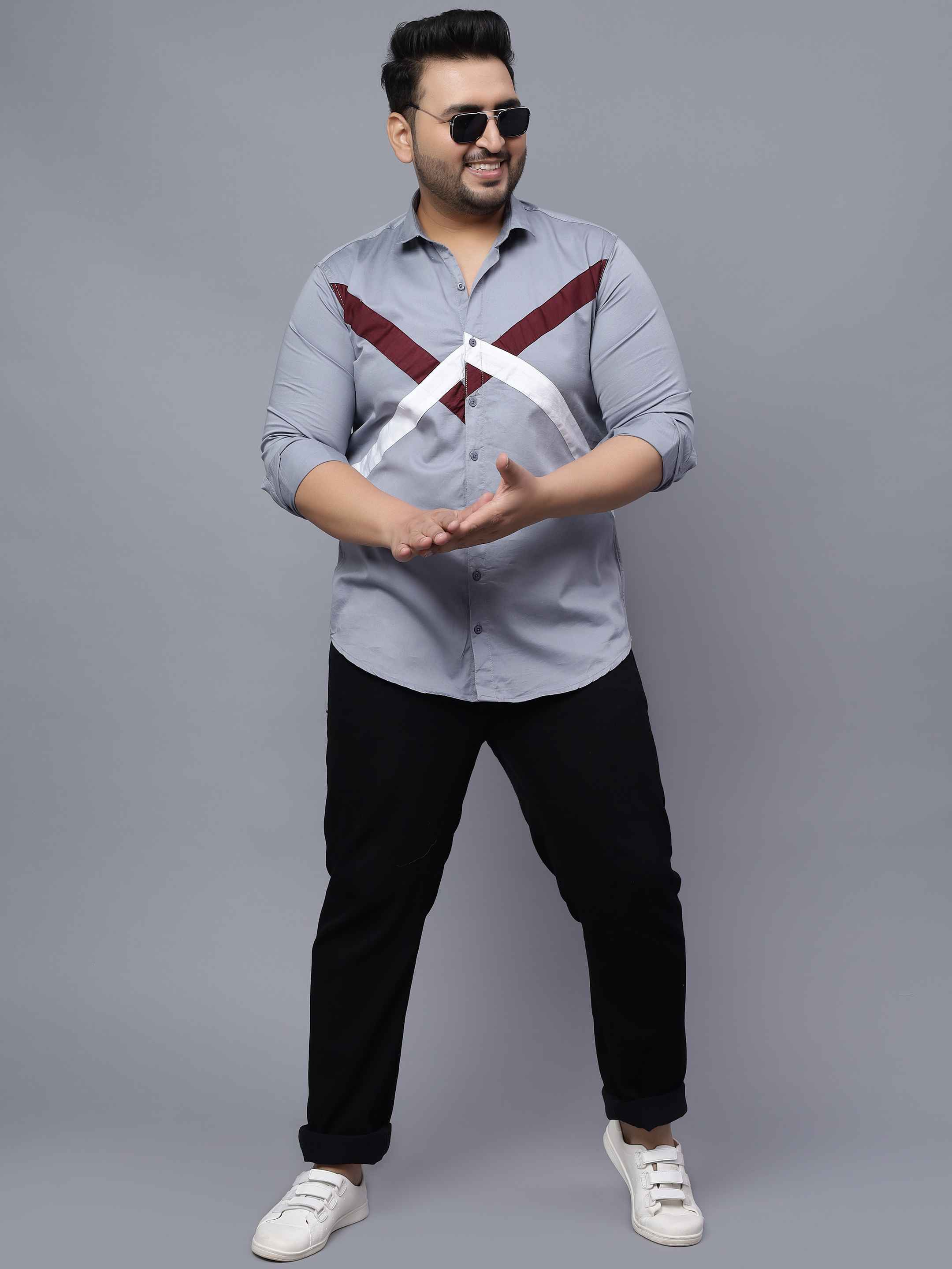 Grey White Maroon Cut n Sew Plus Size Shirt - Image 4