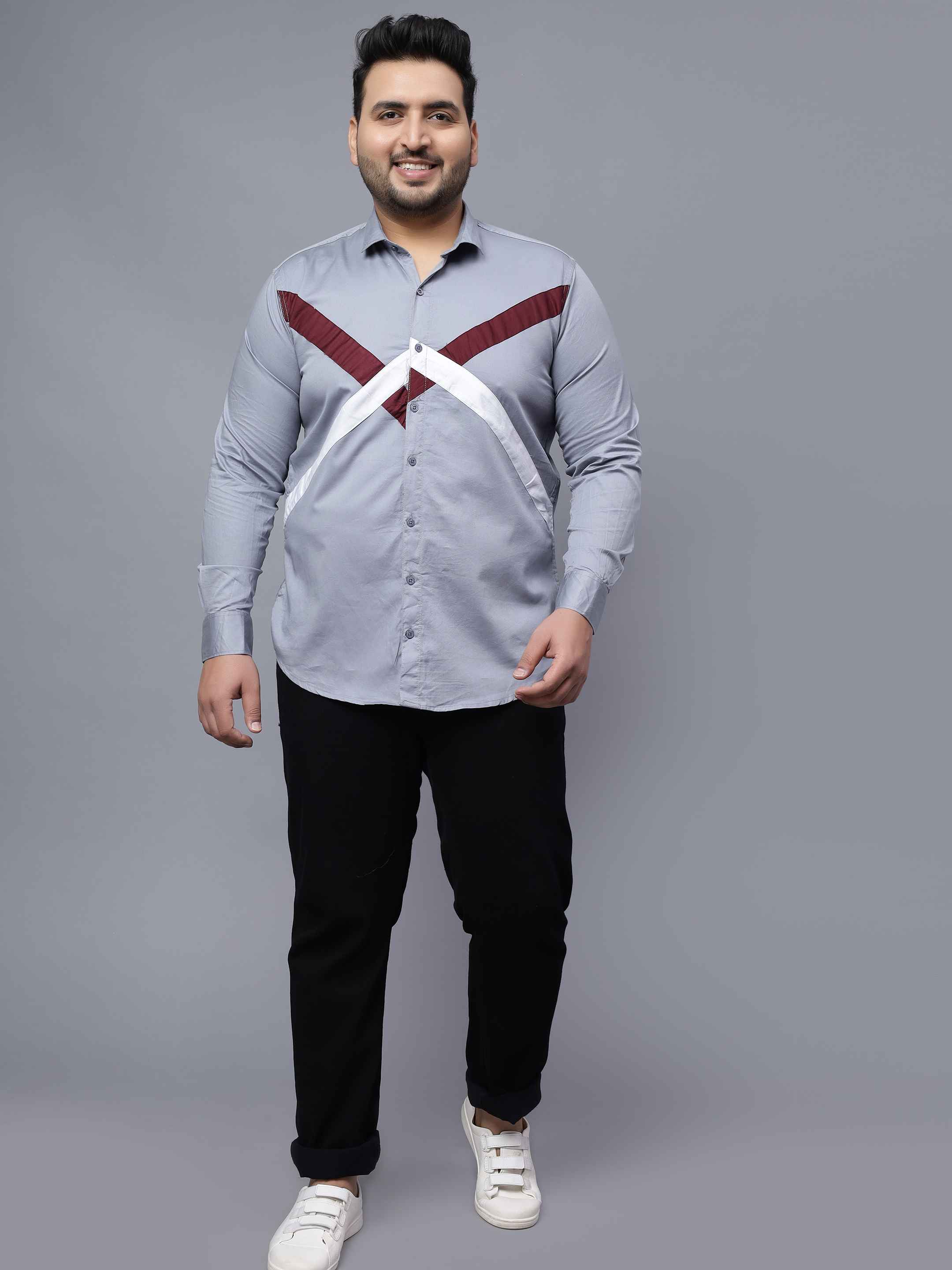 Grey White Maroon Cut n Sew Plus Size Shirt - Image 6