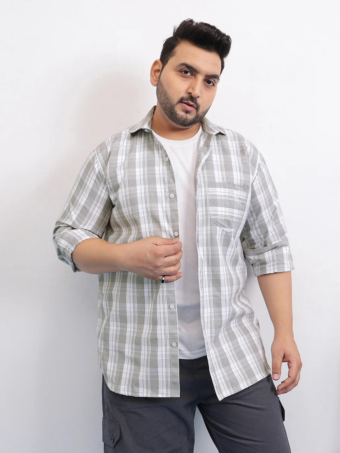 Grey White Plus Size Check Shirt - Image 2