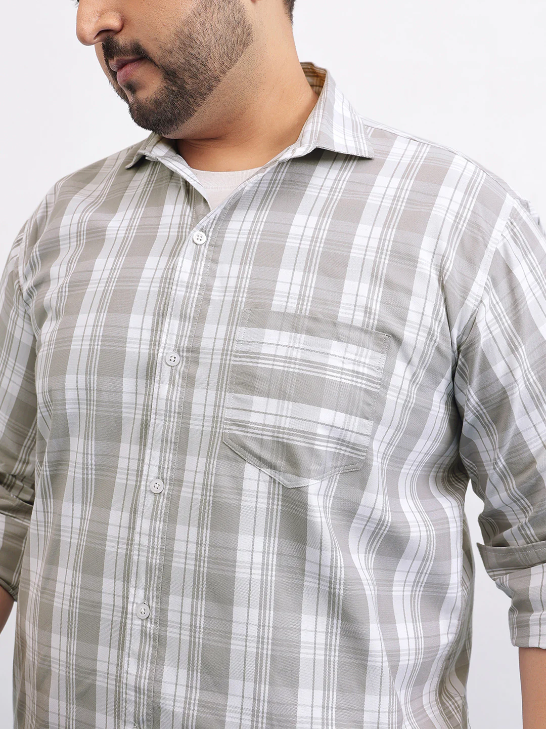 Grey White Plus Size Check Shirt - Image 3